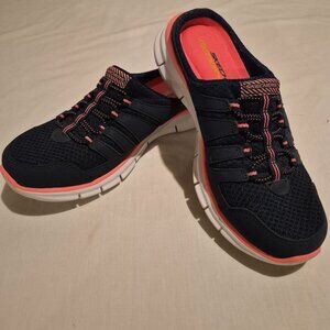 Skecher Dual Lites Wide Fit Dark Blue & Neon Orange Athletic Slip On Sneakers